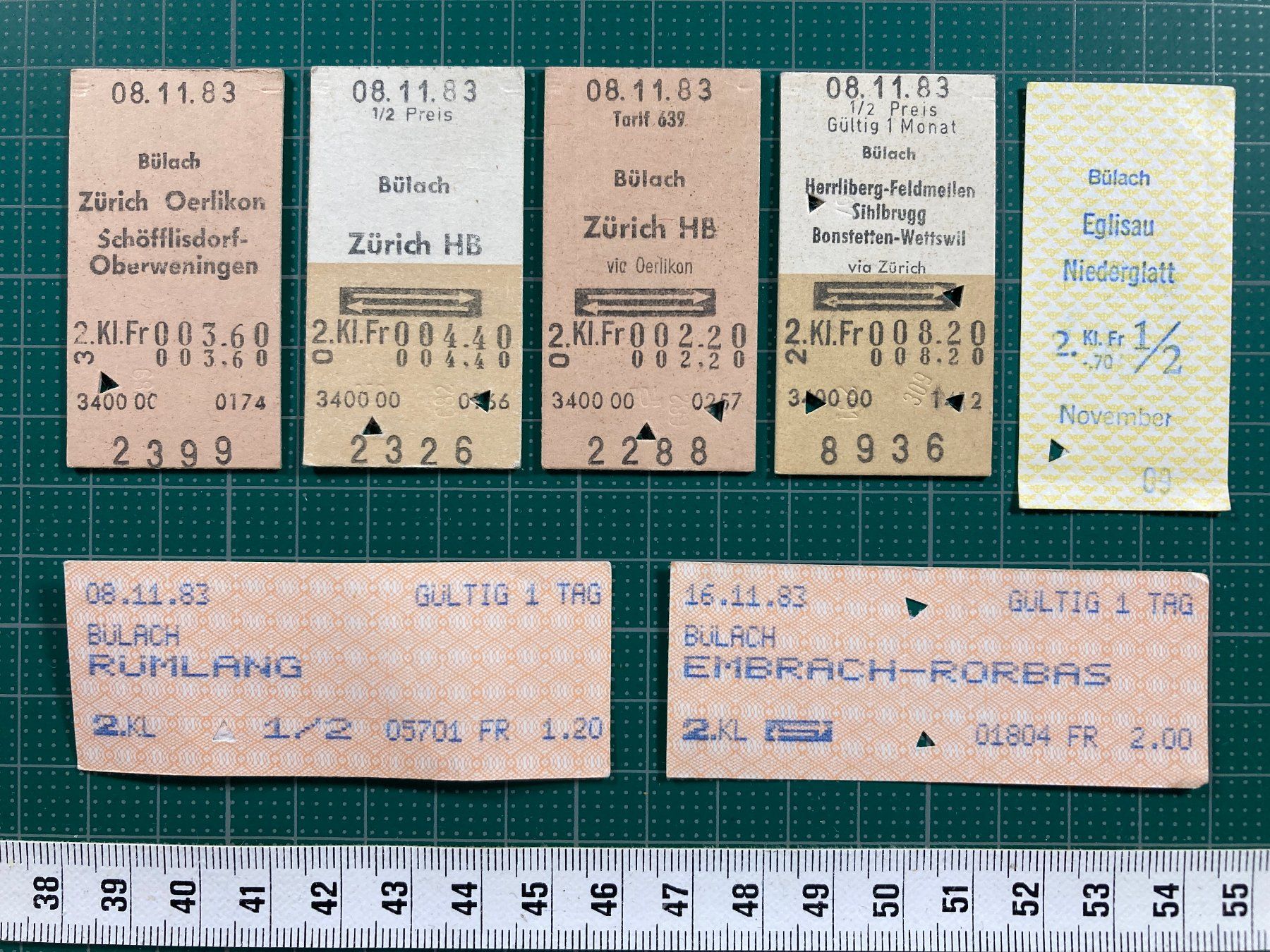 Tickets: Ab Bülach, 7 alte Bahnbillette, 1983, SBB – Gebraucht aus Lenzburg von fh1