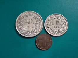 Schweizer Münzen Jahrgang 1958 (2-, 1-Franken, 1 Rp)