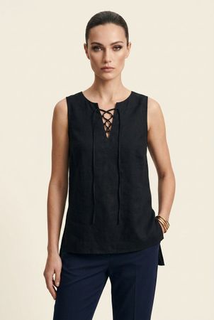 Top Lin Noir Sans Manches Lin Coton Laçage T. L