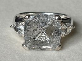 Quarz Schwarze Rutile Ring, Topase, Silber, NEU, Gr. 59