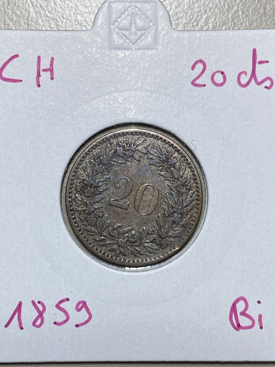 Tutti le monete: Suisse - 20 centimes - 1859 - AG  – Usato da Payerne venduto da Mike1682