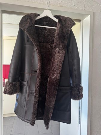 Julia S. Roma Genuine Shearling Sheepskin Hooded Duffle Coat