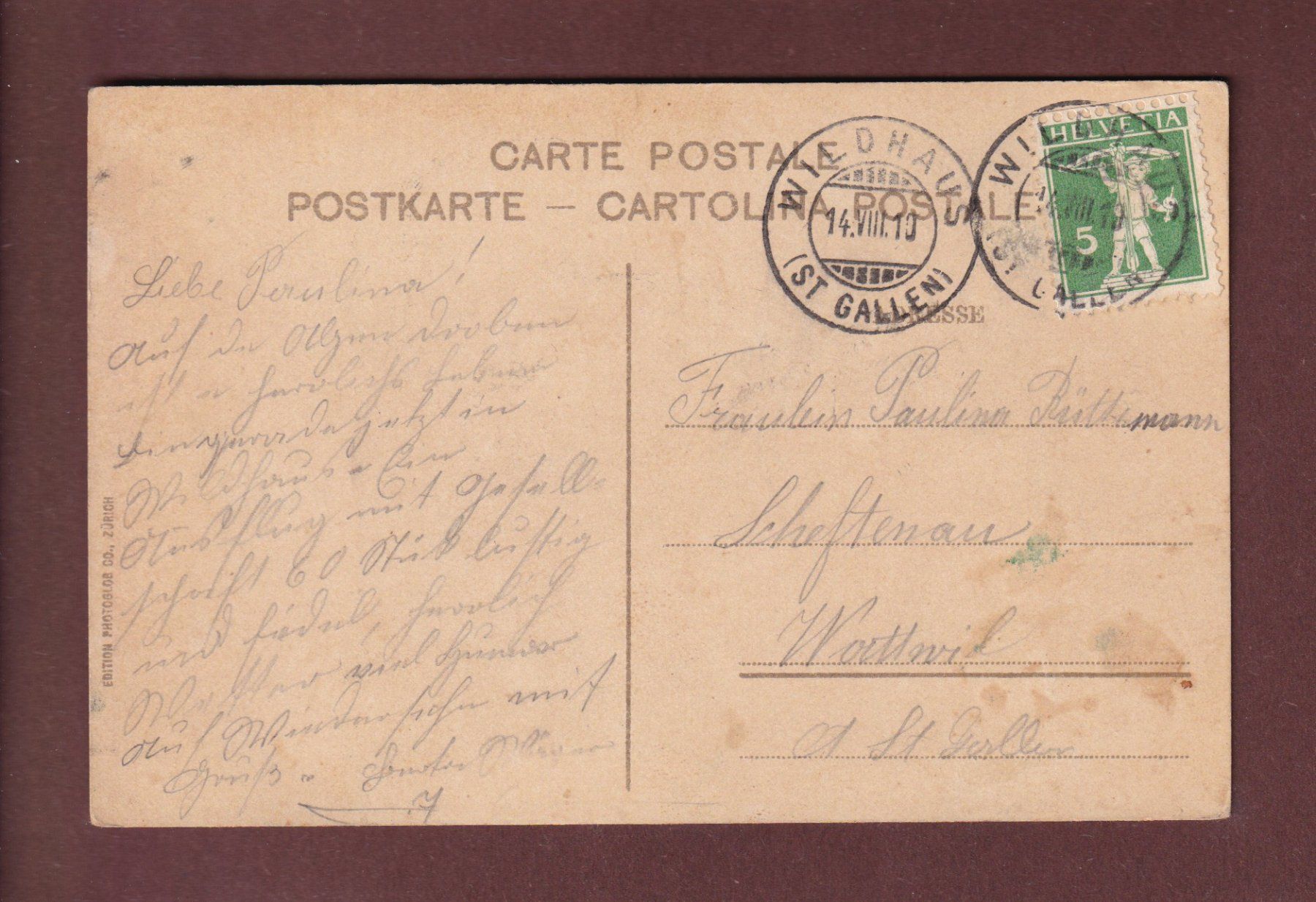 Cartoline postali: WILDHAUSERSCHAFBERG - Gräppelensee - 1910 – Usato da Pully venduto da nicecards-shop 1