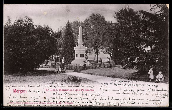 Cartoline postali: AK Morges, Le Parc, Monument des Patriotes – Usato da Berlin venduto da bartko-reher