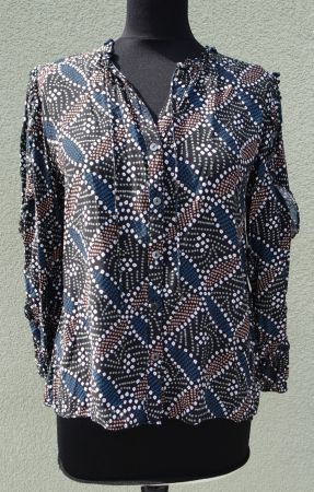 Repeat Bluse Gr 36 Rüschen petrol schwarz weiss langarm