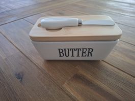 Butterdose Keramik mit Bambusdeckel und Messer neu
