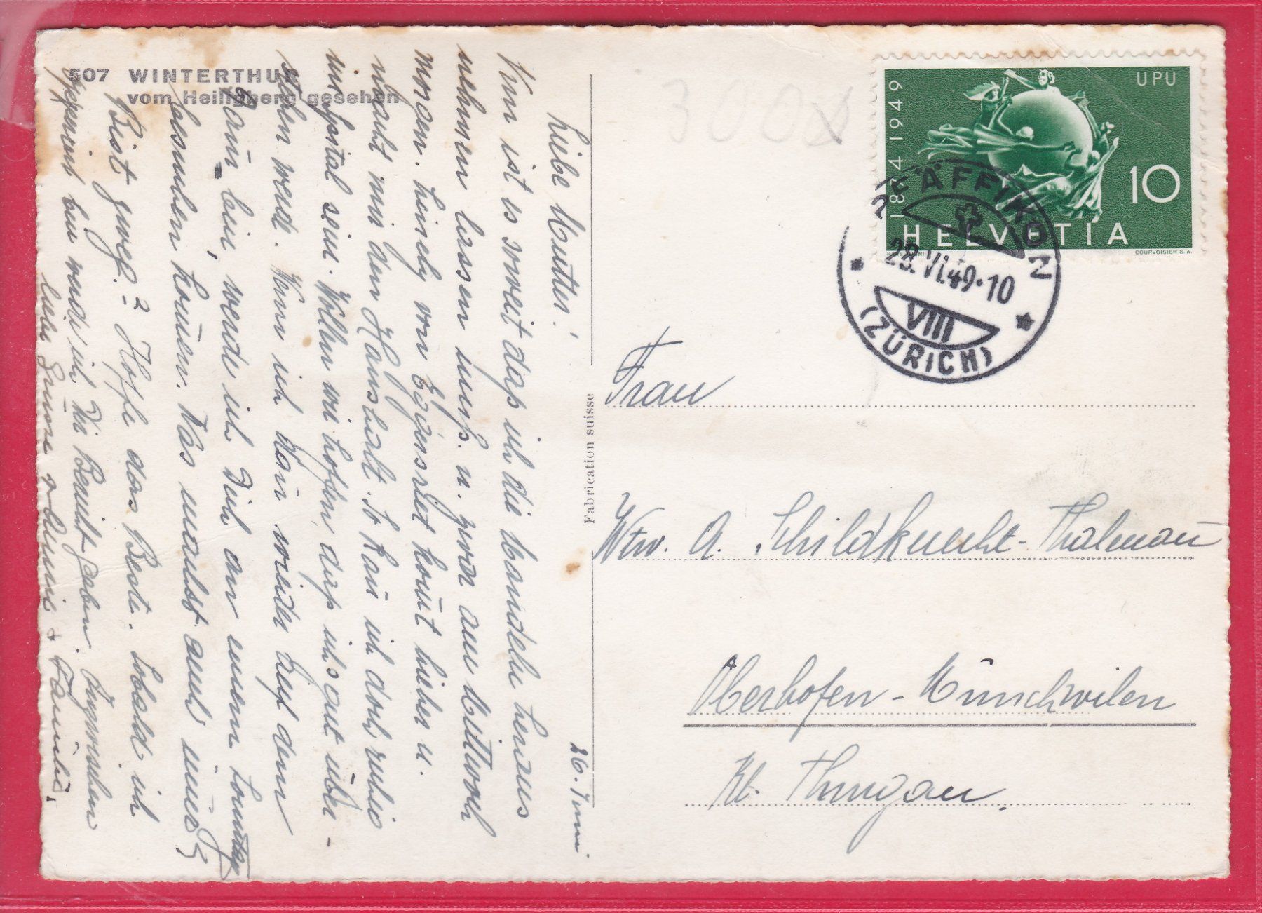 Cartoline postali: WINTERTHUR VOM HEILIGENBERG GESEHEN, 28.6.1949 – Usato da Oberrieden venduto da Gebirgsstelze 1