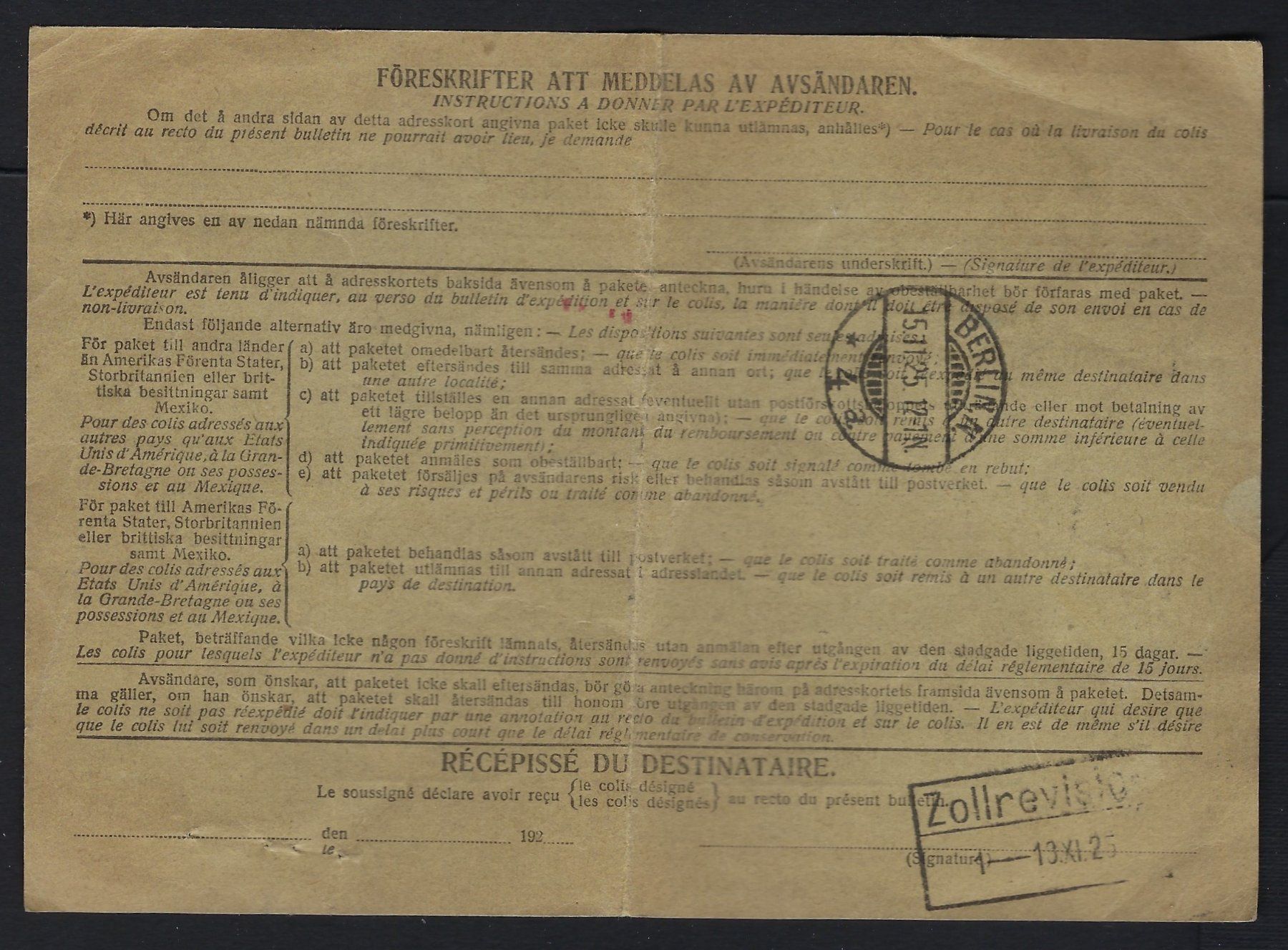 Tutti i francobolli: Zollbeleg Schweden 1925 – Usato da Luzern venduto da Einh0rn 1