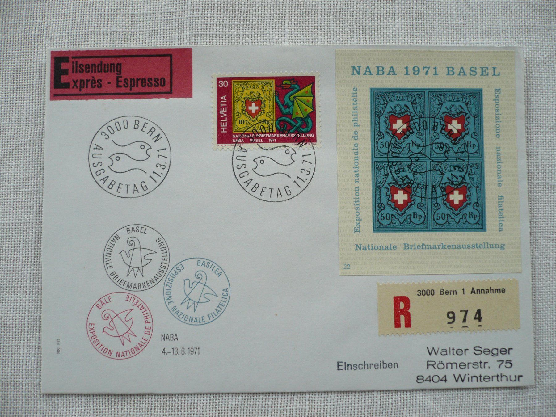 Tutti i francobolli: 1971 FDC NABA-Block + Einzelmarke SBK W45 + 493 – Usato da Zürich venduto da saltandpepper008