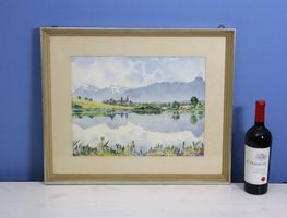 W. Bigler, Aquarell "Amsoldingersee mit Steckhorn" nahe Thun
