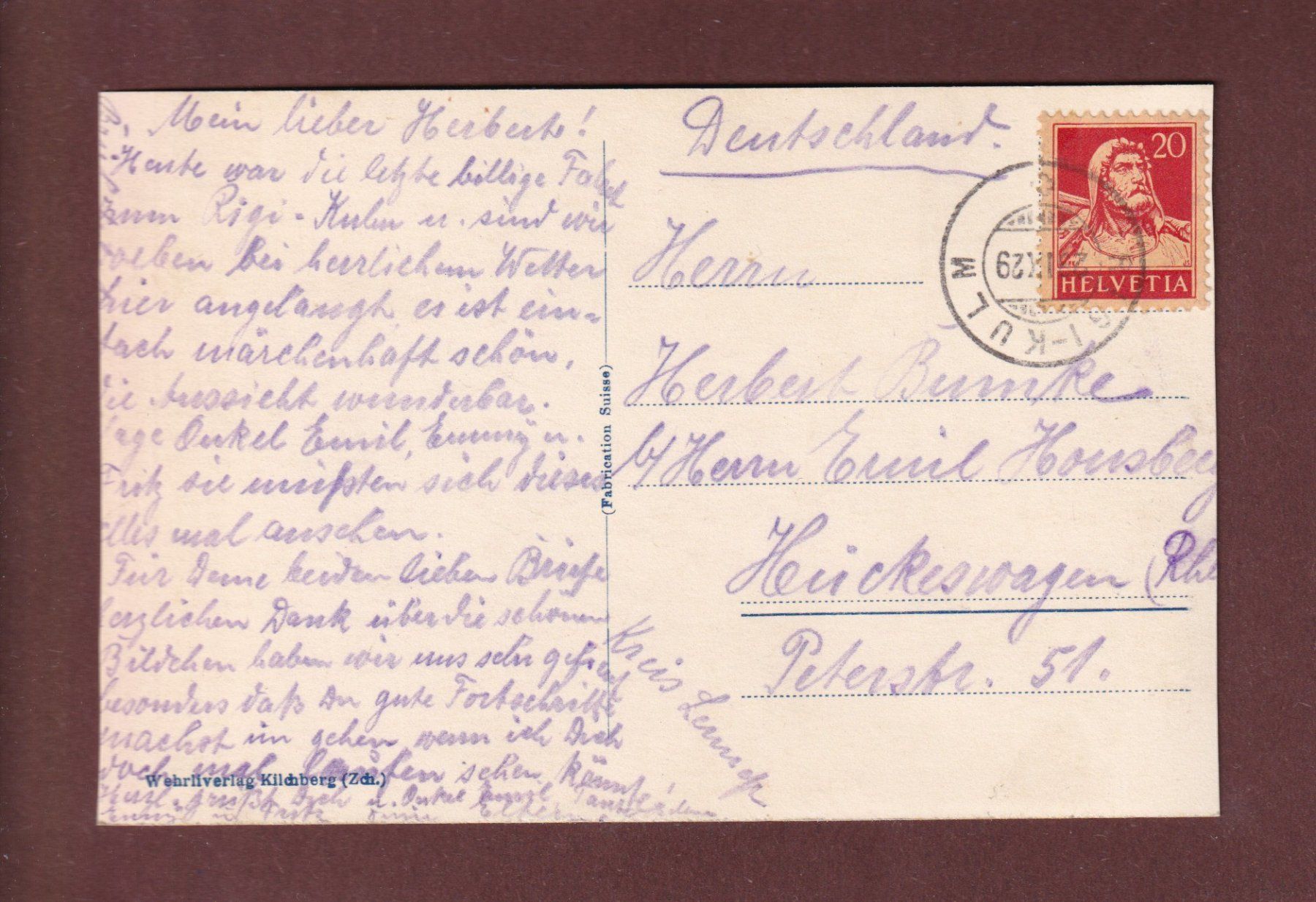 Cartes postales: RIGI-KULM - 1929 – D'occasion à Pully par nicecards-shop 1