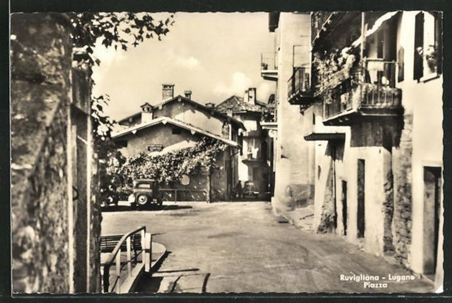 Ansichtskarten: Ruvigliana, piazza, oldtimer, circolata 1957 – Gebraucht aus Frauenfeld von POML