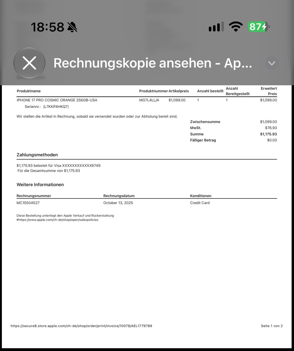 Apple Telefoni cellulari / Smartphones: Iphone 17 Pro 256GB US Version – Usato da Zürich venduto da ser_6vm2 5