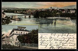 AK Rheinfelden, Rheinpartie mit Brücke und Soolbad Schützen