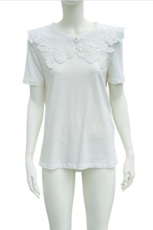 Weisses T-Shirt mit Spitzenkragen Gr. M - Cotton