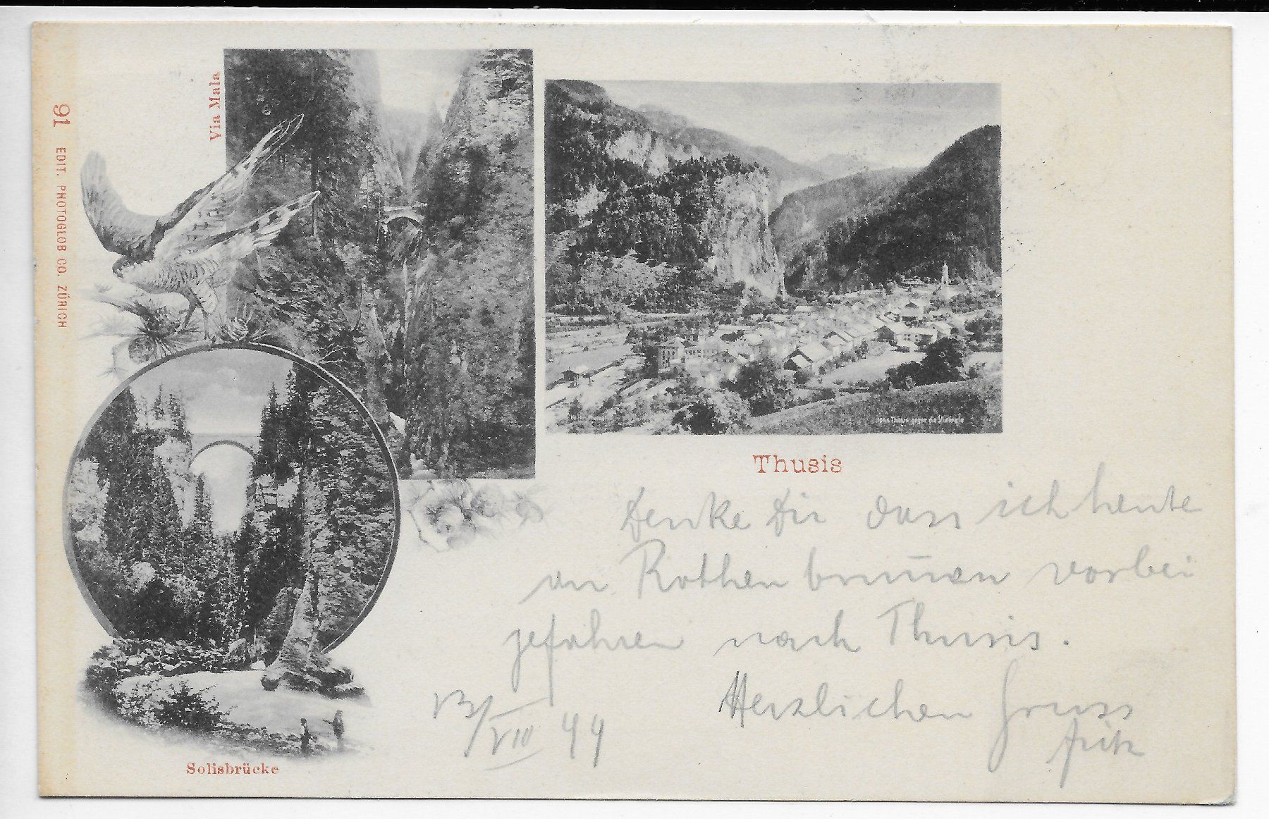 Ansichtskarten: 3 Ansichten Thusis um 1899,  Bahnpoststempel – Gebraucht aus Hefenhofen von Richsalz