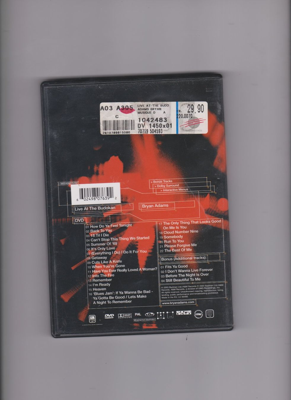 Alle DVDs: Bryan Adams Japan2000 Live Budokan DVD – Gebraucht aus Bex von Canouille 1