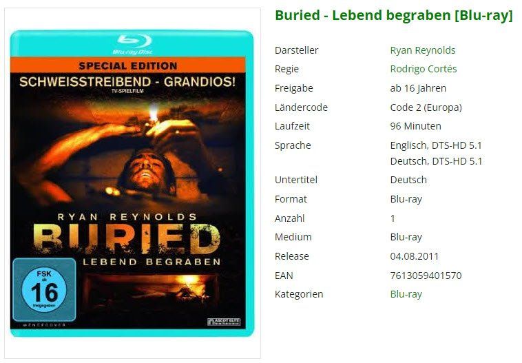 Tutti i DVDs: Buried - Lebend begraben (Bluray) – Usato da Buchrain venduto da Sssschaller