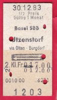 KARTON BILLETT,BASEL SBB - UTZENDORF,2.KLASSE,RETOUR,HALBTAX