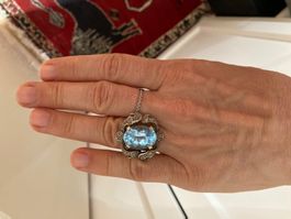 Grosser Blautopas Ring in Antik Stil. 585 Kt, Gr.18