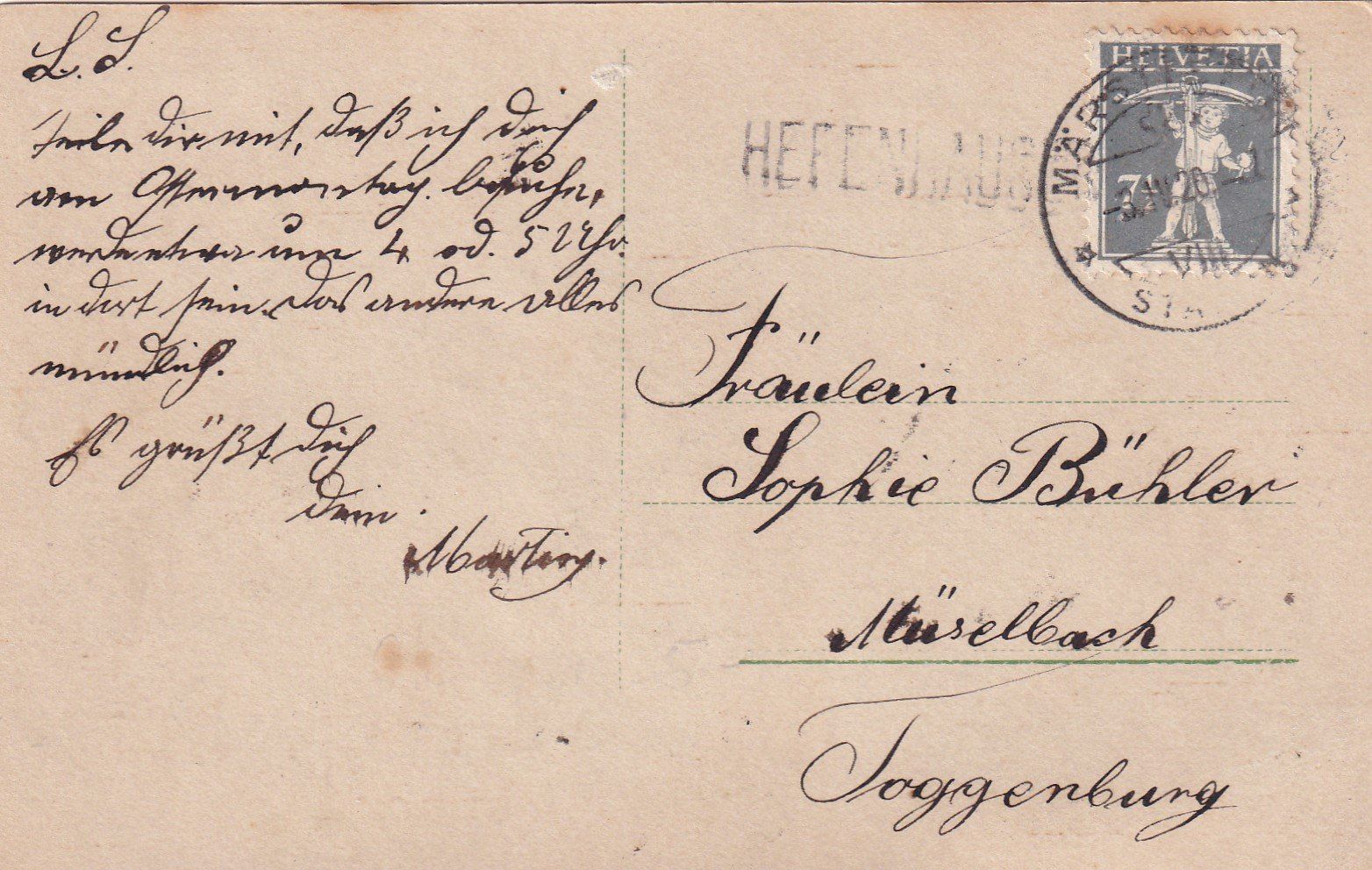 Cartoline postali: Ansichtskarte 1920 Märstetten nach Hüselbach – Usato da Birsfelden venduto da chr_yq2g