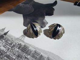 Vintage Gold Tone and Black Enamel Leaf Earrings