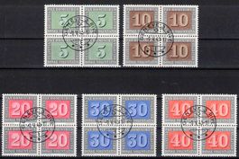 1945 Pax  5-40Rp. Nr. 262-266, 4er-Blocks mit ET-ʘ "9.V.45"