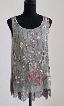 Damen Top Seide grau mit Blumenstickerei und Spitze , Italia
