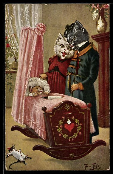 Cartoline postali: Arthur Thiele: Katzenpaar an der Wiege d – Usato da Berlin venduto da bartko-reher