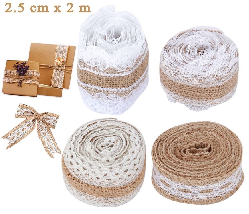 AiQInu 4 Rollen Juteband Mit Spitze - Vintage Dekoband 2m Je Rolle
