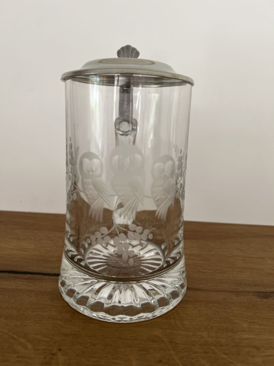 Gläser: Bierkrug Glas mit Zinndeckel und Eulen Gravur – Neu (gemäss Beschreibung) aus Altdorf UR von JanAil 1