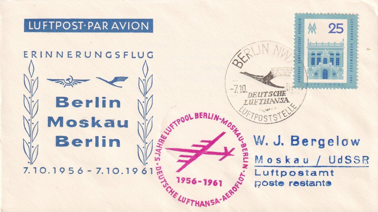 Tutti i francobolli: Erinnerungsflug Lufthansa Berlin - Moskau 1961 – Usato da Baar venduto da Asmara111