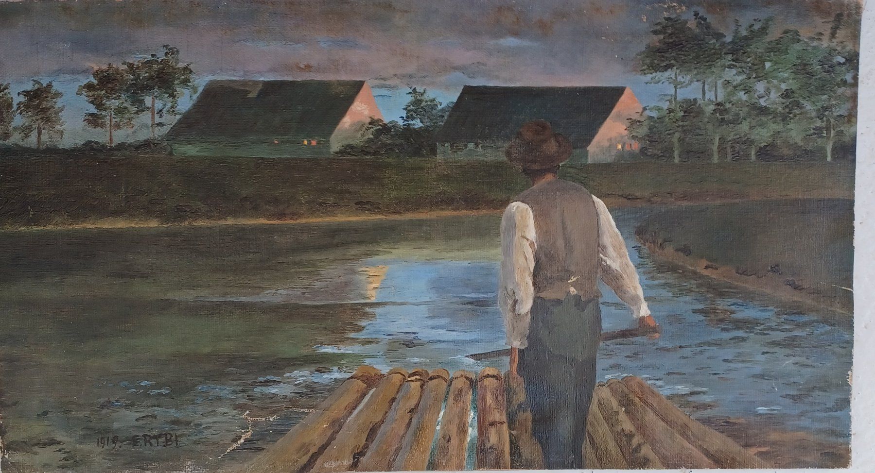 Gemälde: OELBILD.  Signiert. Mann auf Floss. 1919 – Gebraucht aus Zürich von  1