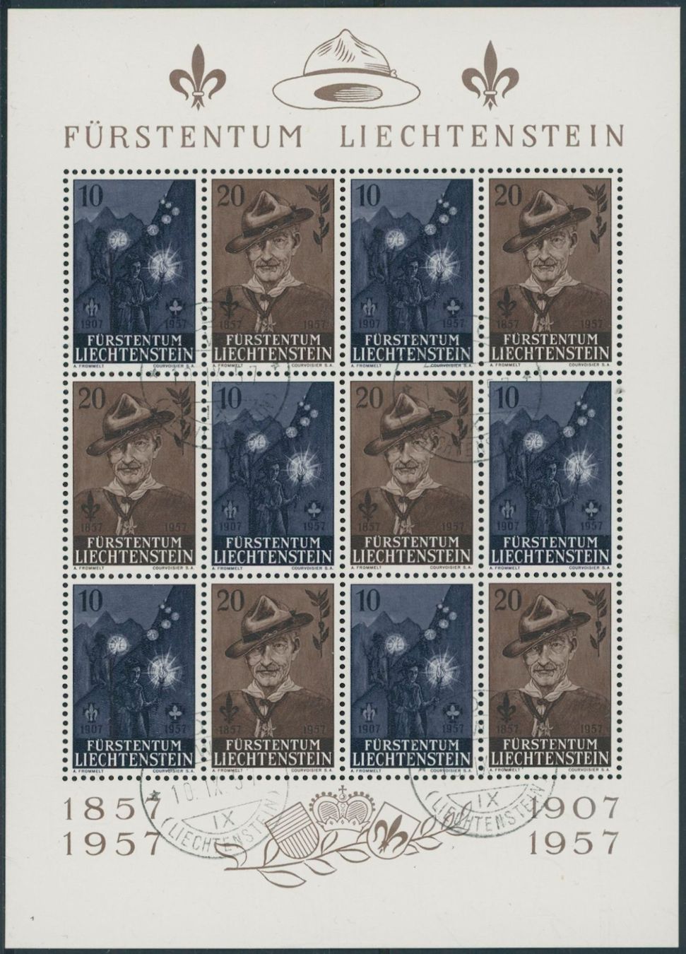 Alle Briefmarken: FL - 1957 - Pfadfinder - Kleinbogen - Ersttag Stempel ET – Gebraucht aus Schindellegi von leecollect