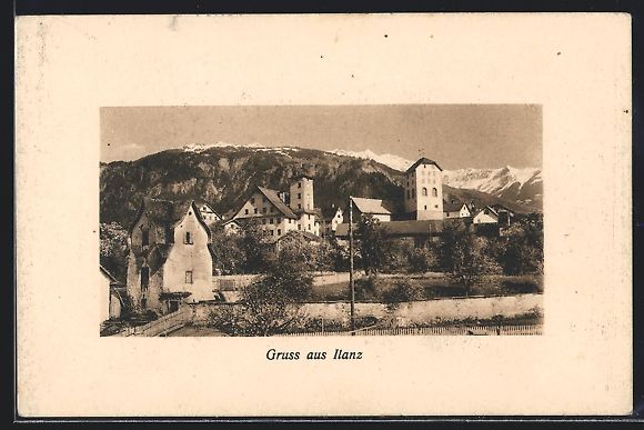 Cartoline postali: AK Ilanz, Ortsansicht gegen die Berge – Usato da Berlin venduto da bartko-reher