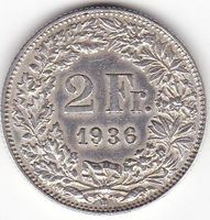 2 Franken 1936 Silber in Top Erhaltung.