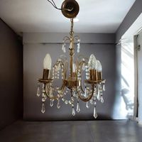 Vintage Messing Kronleuchter 5-flammig mit Kristallbehang