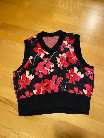 Flower Print Strickweste, Blau/Pink, Gr. S