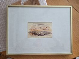 Gerahmtes Aquarell: Abendstimmung am Seeufer