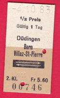 KARTON BILLETT, DÜDINGEN - VILLAZ-ST.PIERRE, 2.KLASSE,RETOUR