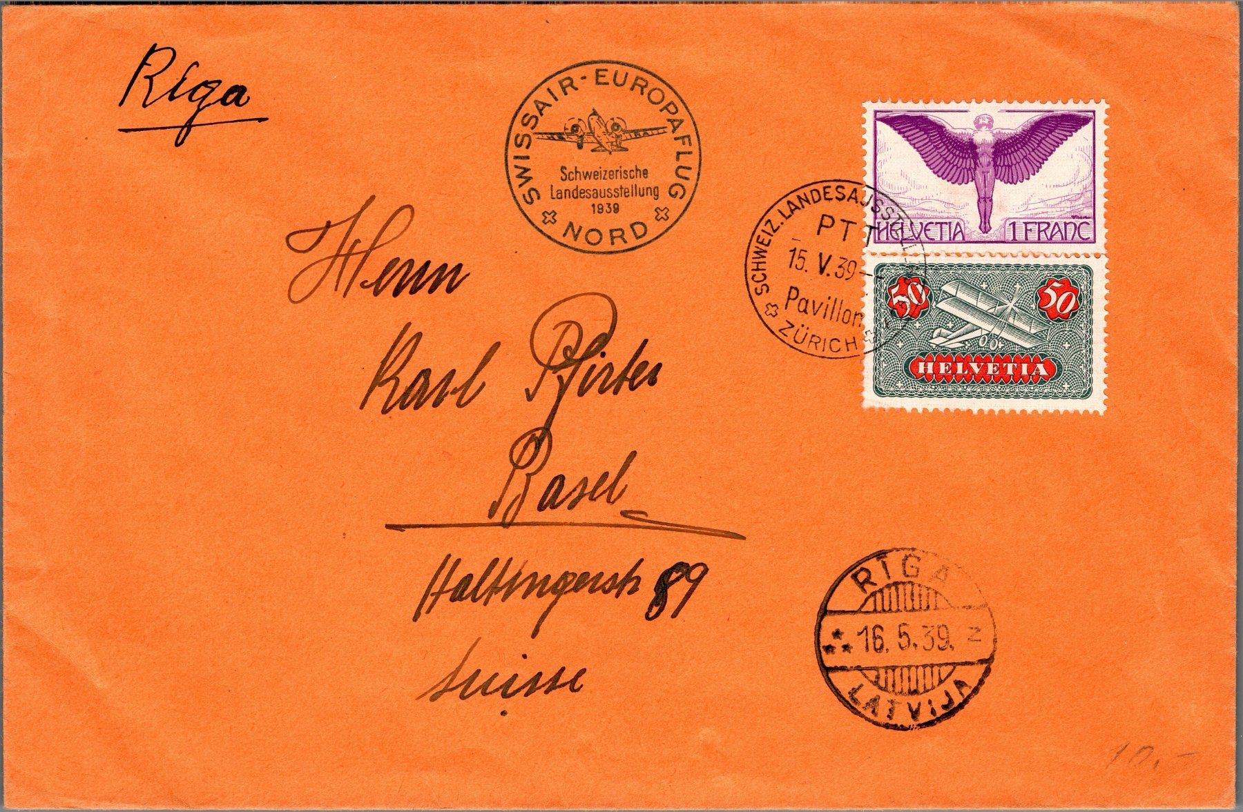 Tutti i francobolli: CH - Flugpost - Sonderflug - SF 39.4c - Riga – Usato da Rombach venduto da VENTIS-Auktionen