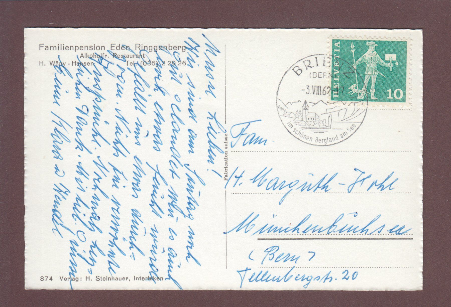 Cartoline postali: RINGGENBERG - Pension Eden - 1962 – Usato da Pully venduto da nicecards 1