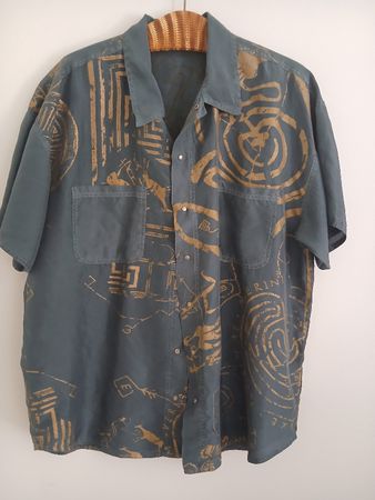 NILE silk blue gold blouse shirt size L