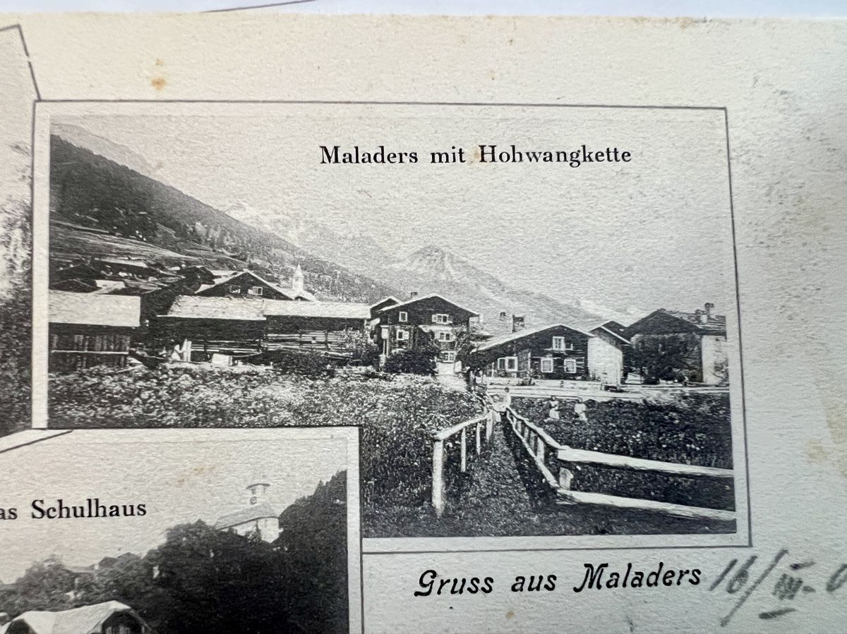 Cartoline postali: AK Maladers GR.1905  3 Bildrig mit Gasthaus Post ,Schulhaus. – Usato da Muotathal venduto da OttoK01 2