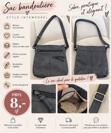 Sac bandoulière gris anthracite simili cuir bon état