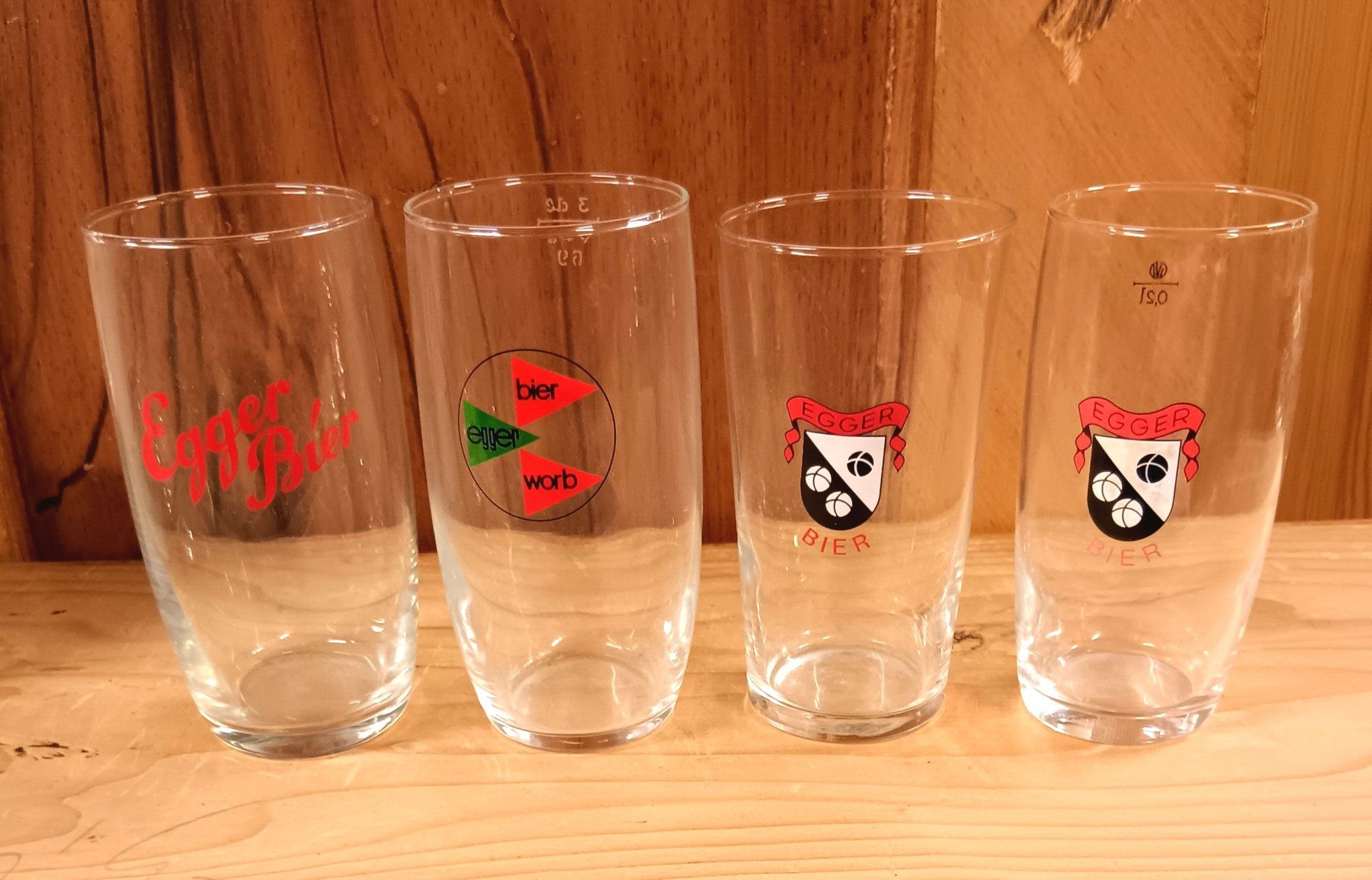 Bicchieri: 4 Biergals Becher Bier Brauerei Egger Worb 1960 - 1969 – Usato da Lichtensteig venduto da B-B-Bier