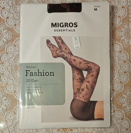 Migros Fashion Strumpfhose "Rosen Muster" 20den Gr.M Schwarz