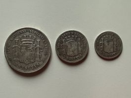Spanien 1870, Silbermünzen, 1, 2, 5 Peseten
