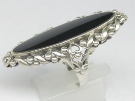 Antik Ring Silber 925 Onyx Schiffchen florale Muster Gr. 58