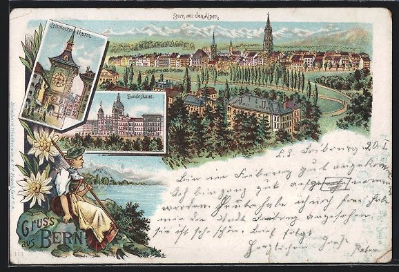 Cartoline postali: Bern, Ortsansicht mit den Alpen, Bundesh – Usato da Berlin venduto da bartko-reher